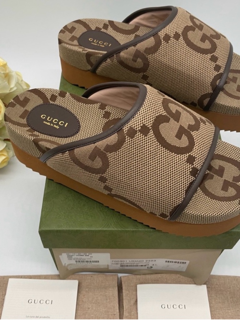 Gucci Brown Jumbo Monogram Platform Slide Sandals